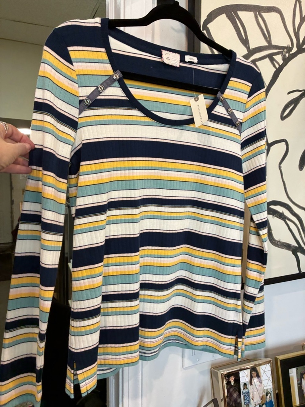 Anthropologie Long-Sleeve Ribbed Top Navy, White & Yellow NWT